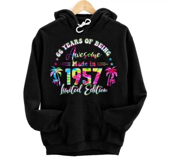 66 Years Old Vintage 1957 Limited Edition 66th B-day Tie Dye Pullover Hoodie