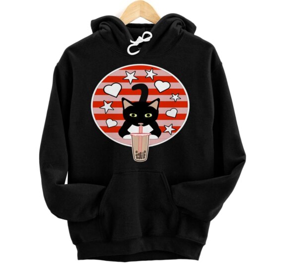 Cute Boba Kawaii Bubble Tea Cat Lover Hearts And Stars Pullover Hoodie