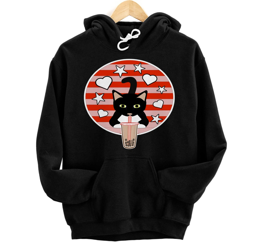Cute Boba Kawaii Bubble Tea Cat Lover Hearts And Stars Pullover Hoodie