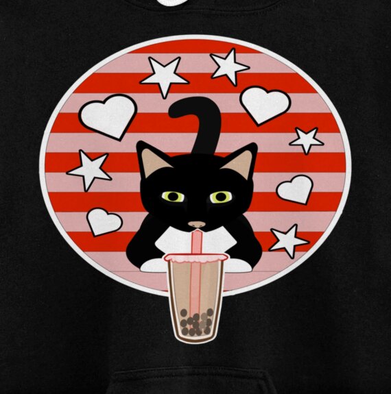Cute Boba Kawaii Bubble Tea Cat Lover Hearts And Stars Pullover Hoodie