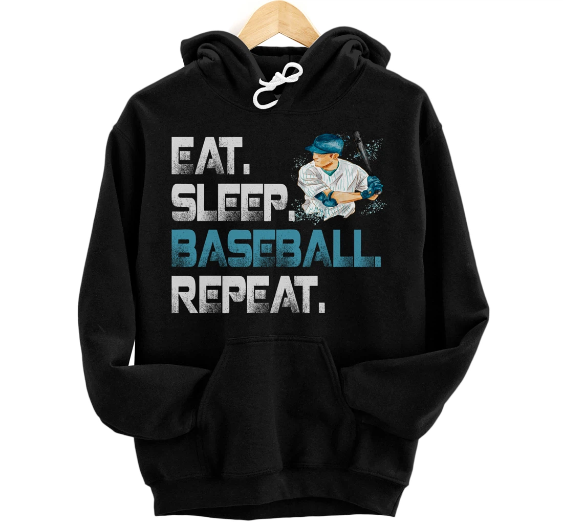 Eat Sleep Baseball Repeat Baseball Player Graphic Distressed Pullover Hoodie