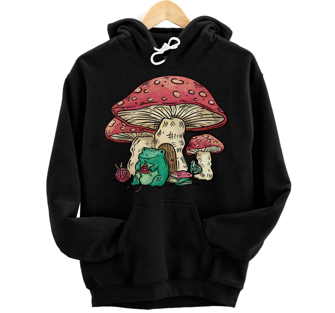 Kawaii Cottagecore Aesthetic Fungi Frog Knitting Mushroom Pullover Hoodie