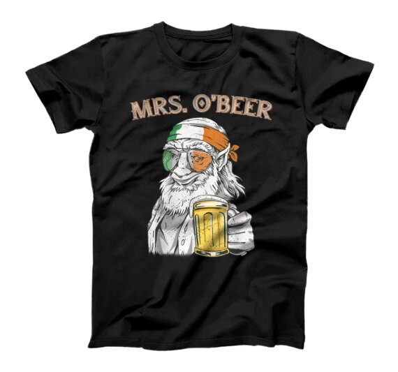 Mrs O'Beer Leprechaun Holding Drink Irish Flag St Patricks T-Shirt