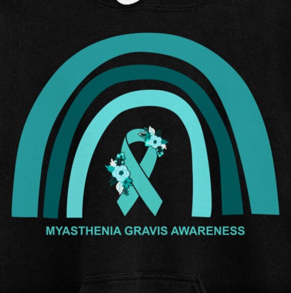 Myasthenia Gravis Awareness Floral Teal Ribbon Rainbow Pullover Hoodie