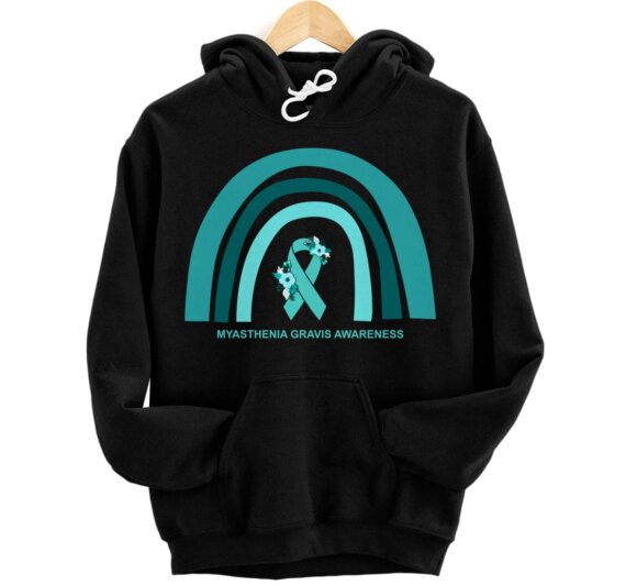 Myasthenia Gravis Awareness Floral Teal Ribbon Rainbow Pullover Hoodie