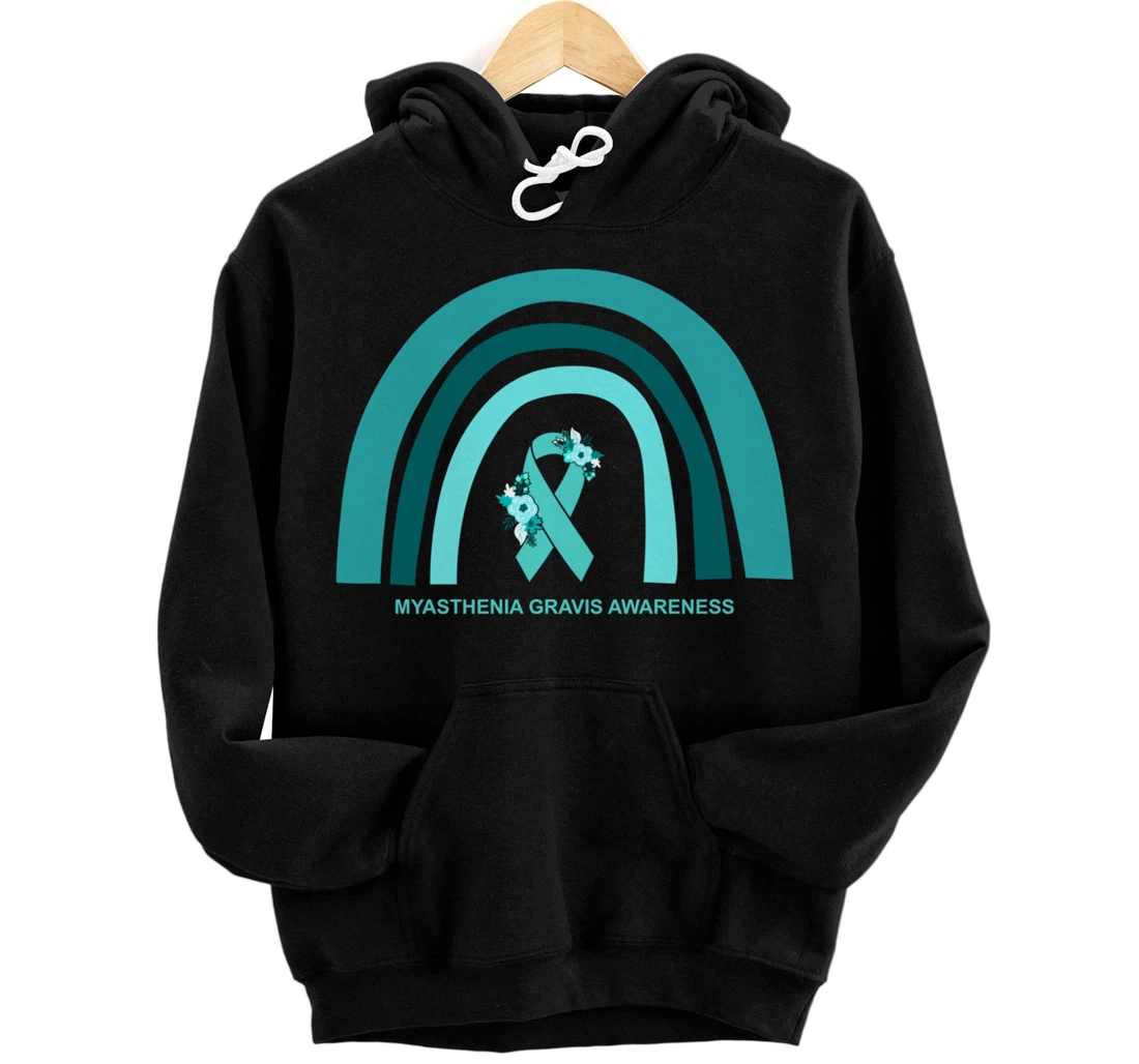Myasthenia Gravis Awareness Floral Teal Ribbon Rainbow Pullover Hoodie
