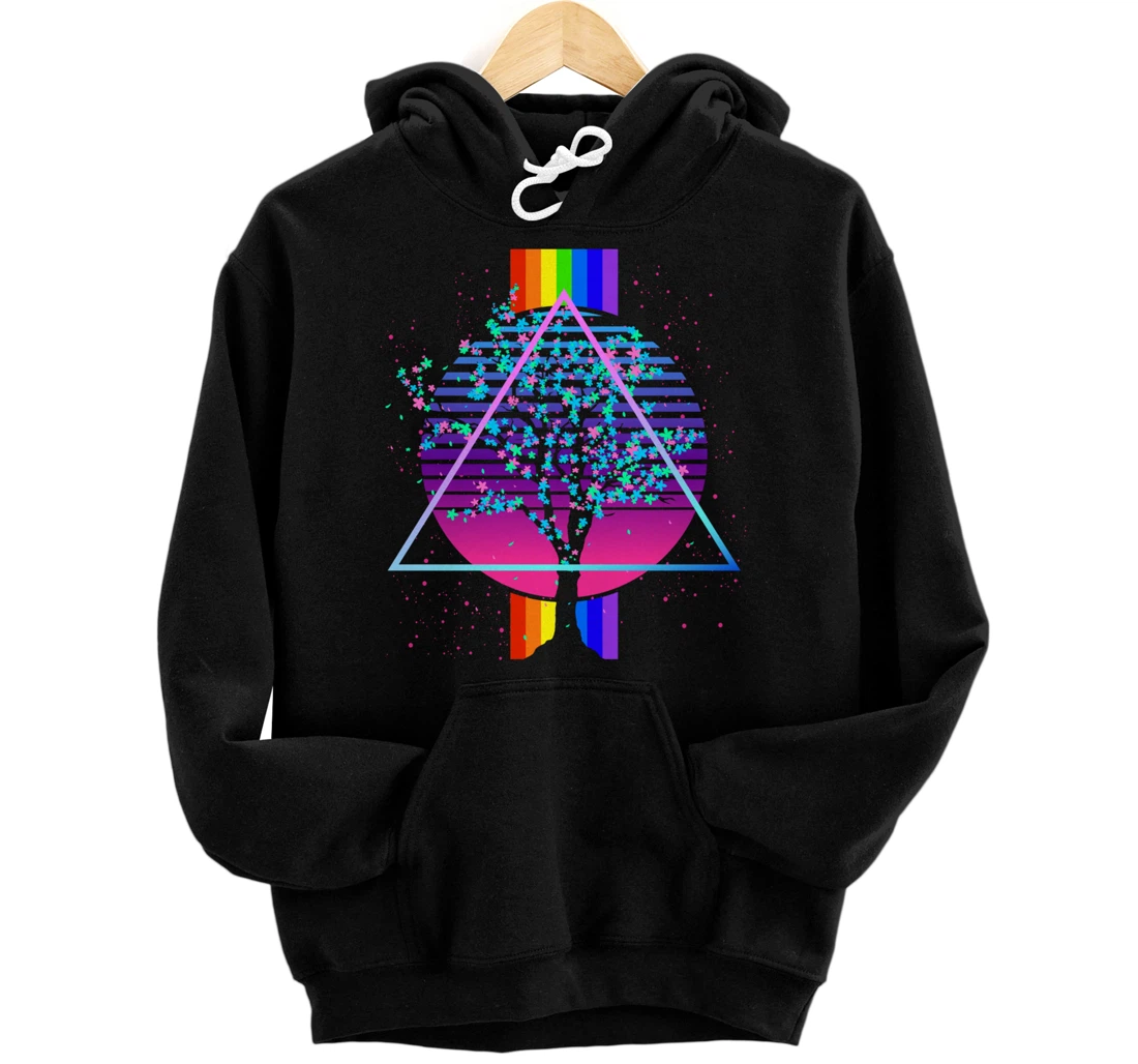 Pink Sakura Tree Retro 80s Vaporwave Cherry Blossom Pullover Hoodie