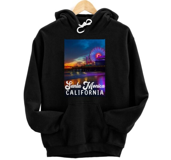 Santa Monica Beach Pier Sign Route 66 Venice Pacific Ocean Pullover Hoodie