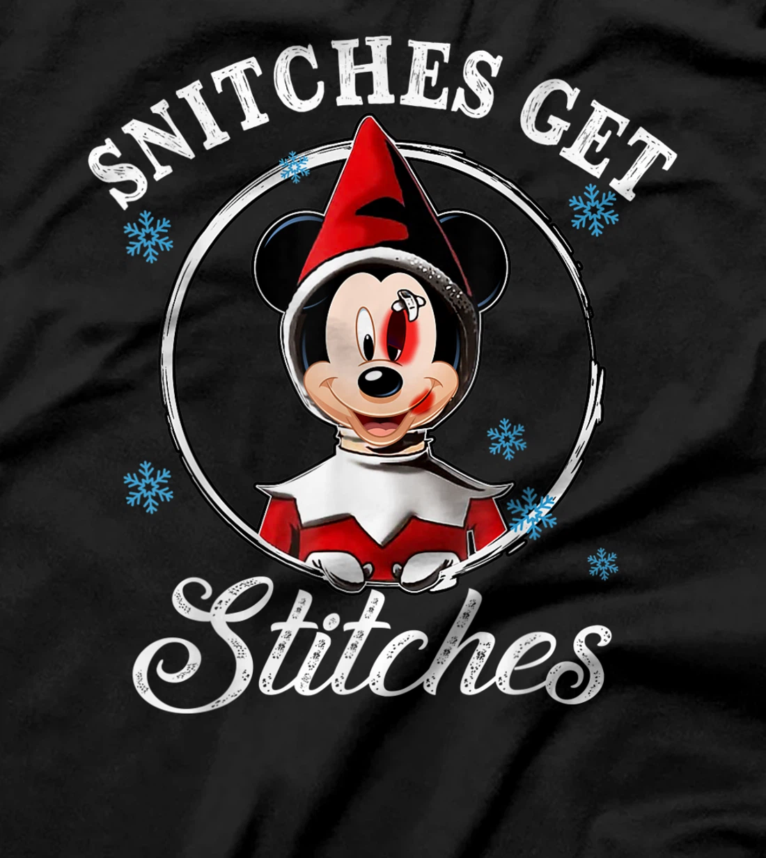 Snitches Get Stitches Funny Santa Mi-key Red Elf Boy Xmas T-Shirt