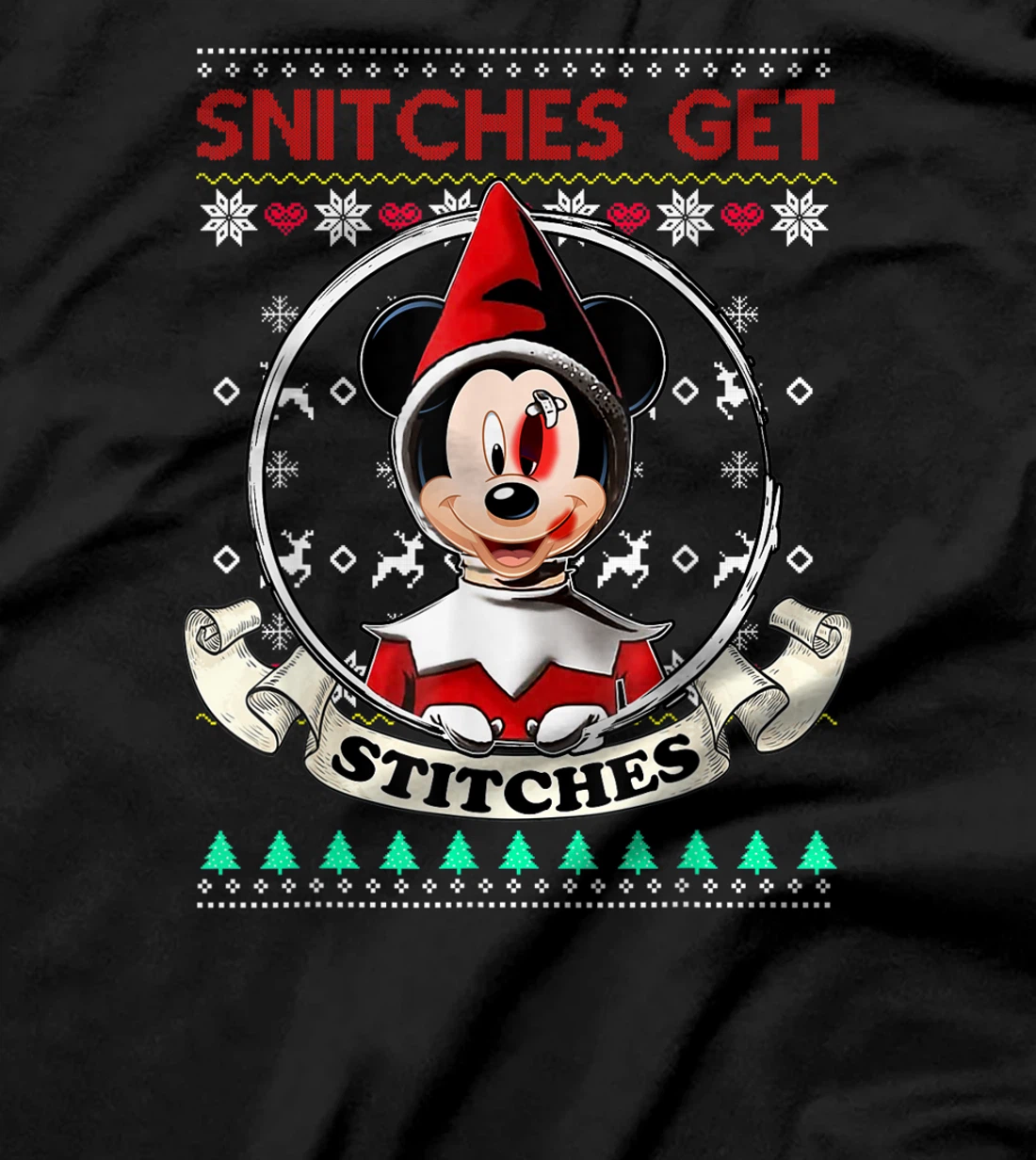 Snitches Get Stitches Santa Red Elf Mouse Ugly Xmas Sweater T-Shirt