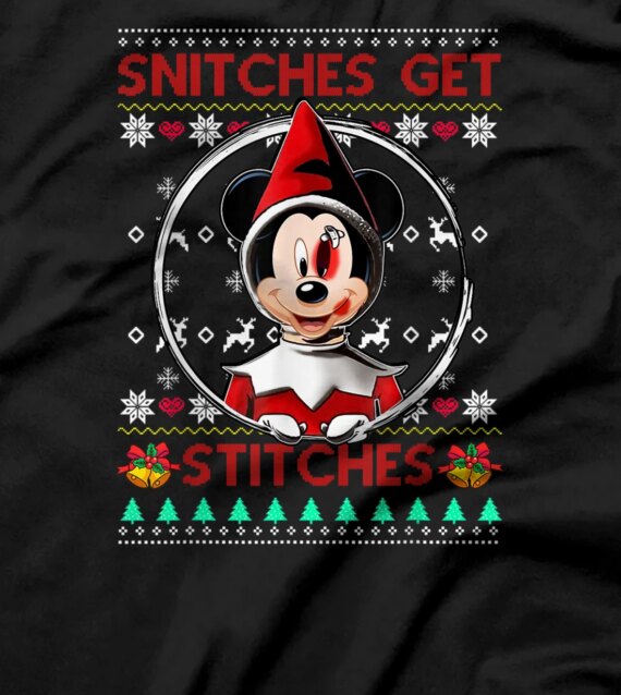 Snitches Get Stitches Santa Red Elf Mouse Xmas Ugly Sweater T-Shirt