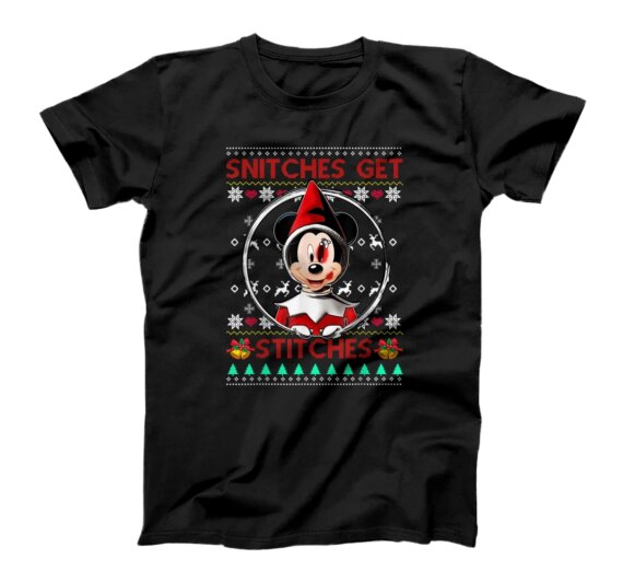 Snitches Get Stitches Santa Red Elf Mouse Xmas Ugly Sweater T-Shirt