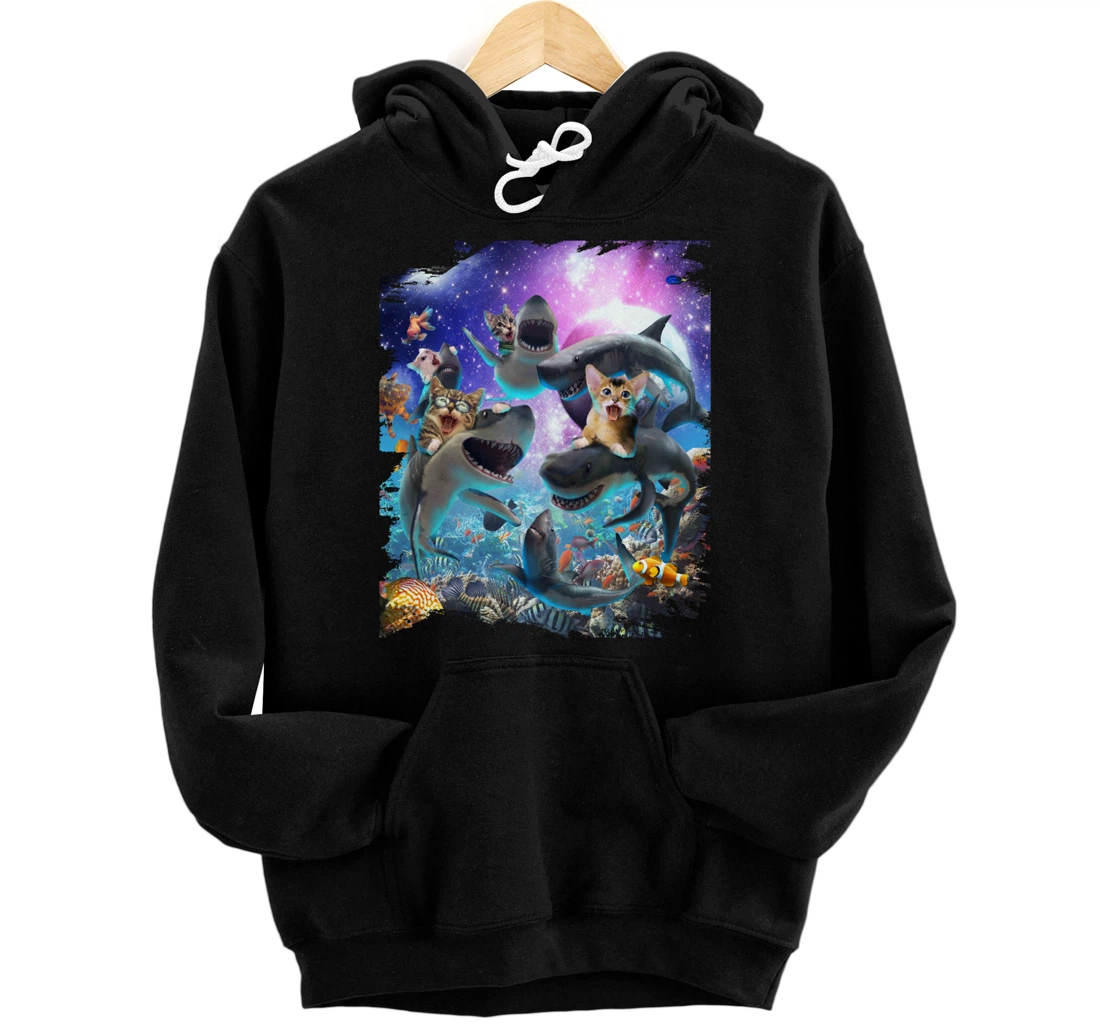 Space Cat Riding Shark, Galaxy Cats On Sharks Funny Cute Pullover Hoodie