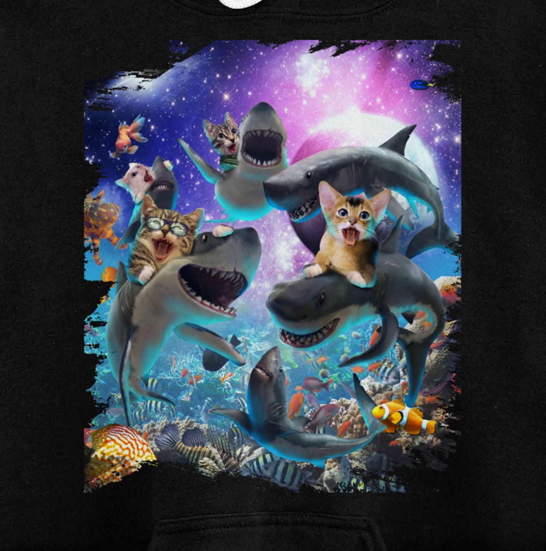 Space Cat Riding Shark, Galaxy Cats On Sharks Funny Cute Pullover Hoodie