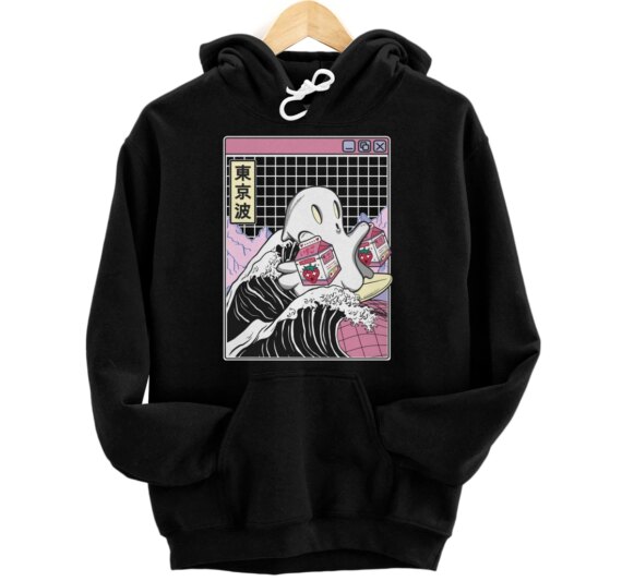 Surfing Ghost Strawberry Milk Cartons Kawaii Vaporwave Pullover Hoodie