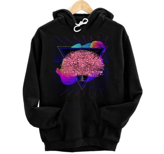 Synthwave Japan Sakura Tree Vaporwave Cherry Blossom Pullover Hoodie