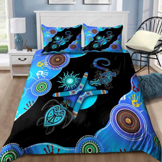 Personalized Bedding Set - Aboriginal Naidoc Week Blue Turtle Lizard Included 1 Soft Duvet Cover or Quilt and 2 Lightweight Breathe Pillowcases