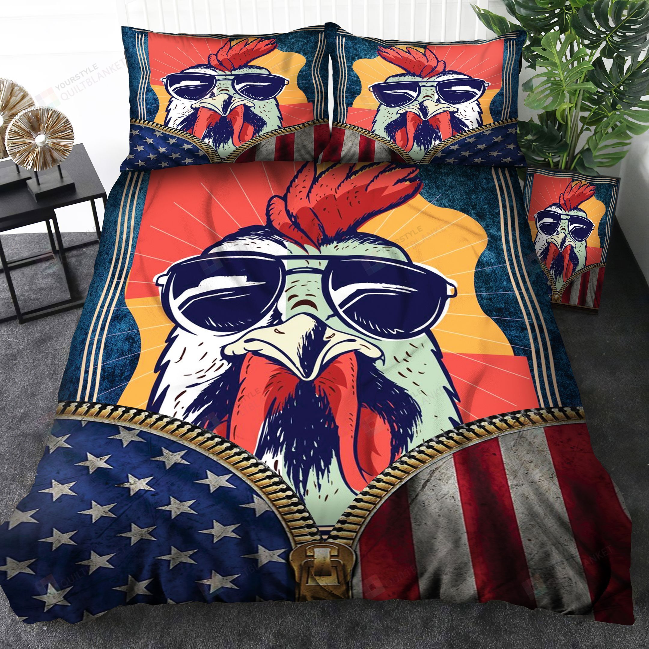 Personalized Bedding Set - America Rooster Spread Included 1 Soft Duvet Cover or Quilt and 2 Lightweight Breathe Pillowcases