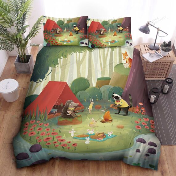 Personalized Bedding Set - Animals Go Camping By The River Spread Included 1 Soft Duvet Cover or Quilt and 2 Lightweight Breathe Pillowcases