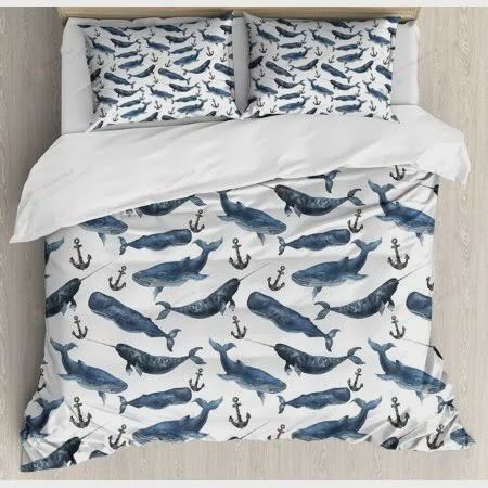 Personalized Bedding Set - Aquarelle Whales Anchors Marine Biology Illustration Brush Stroke Cotton Spread Included 1 Soft Duvet Cover or Quilt and 2 Lightweight Breathe Pillowcases