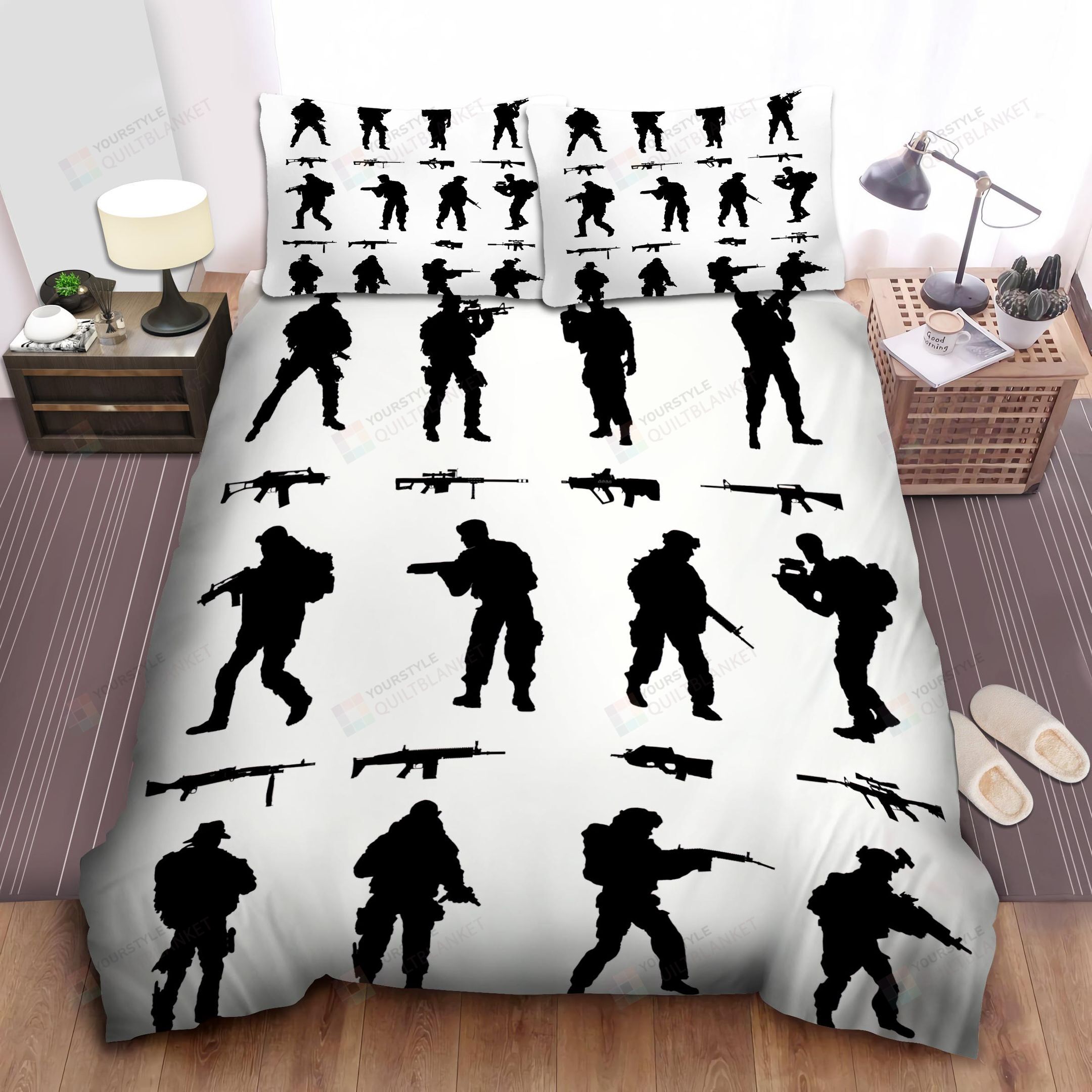 Personalized Bedding Set - Army Silhouettes Of Soldiers Weapons On White Spread Included 1 Soft Duvet Cover or Quilt and 2 Lightweight Breathe Pillowcases