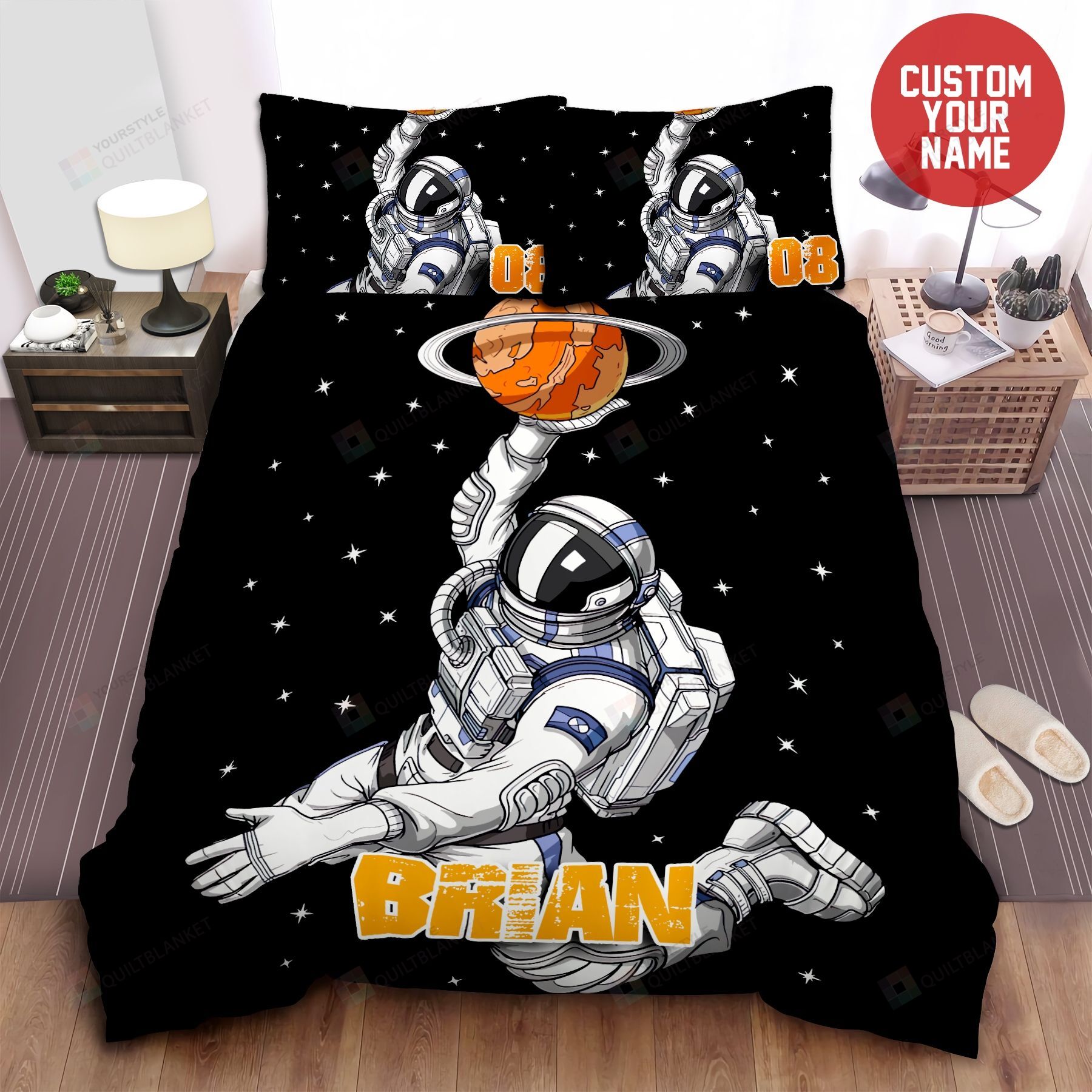 Personalized Bedding Set - Astronaut Basketball Player Custom Name Included 1 Soft Duvet Cover or Quilt and 2 Lightweight Breathe Pillowcases