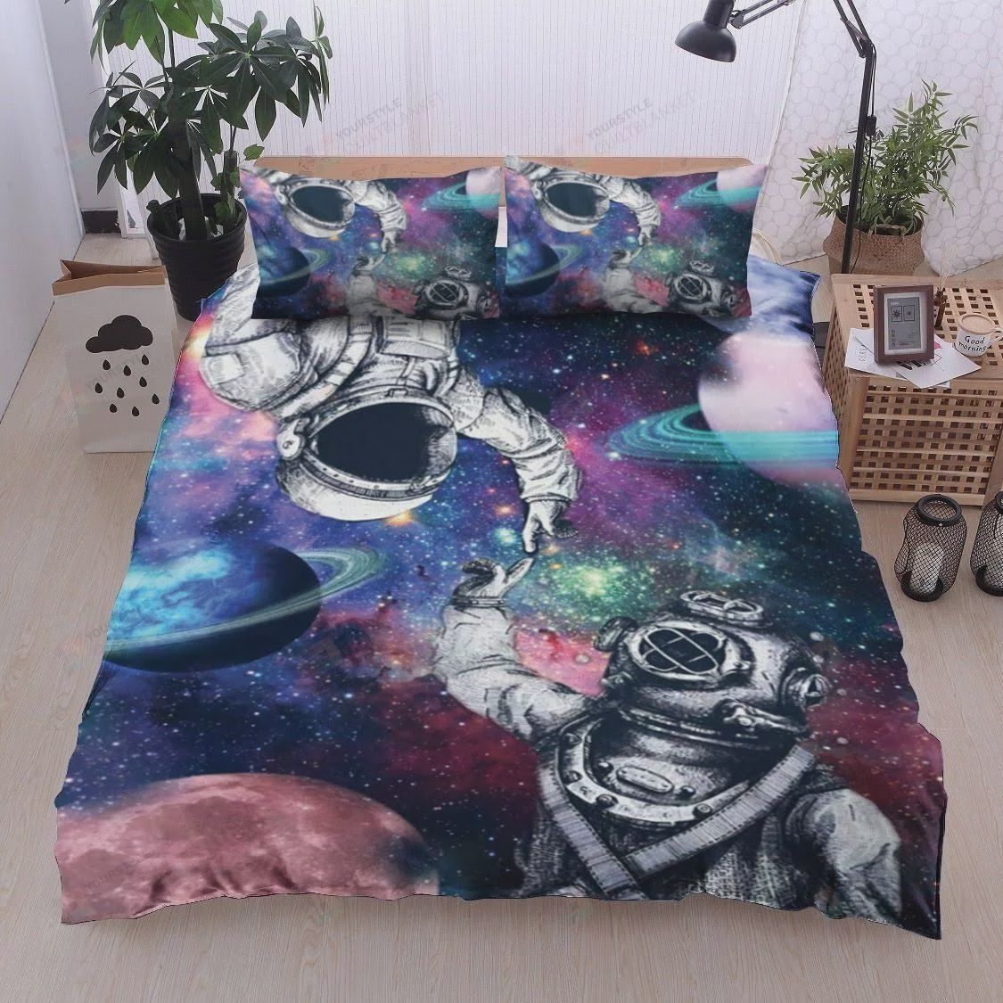 Personalized Bedding Set - Astronaut Couple Outer Space Cotton Spread Included 1 Soft Duvet Cover or Quilt and 2 Lightweight Breathe Pillowcases
