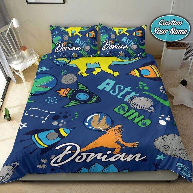 Personalized Bedding Set - Astronaut Dinosaur Pattern Custom Name Included 1 Soft Duvet Cover or Quilt and 2 Lightweight Breathe Pillowcases