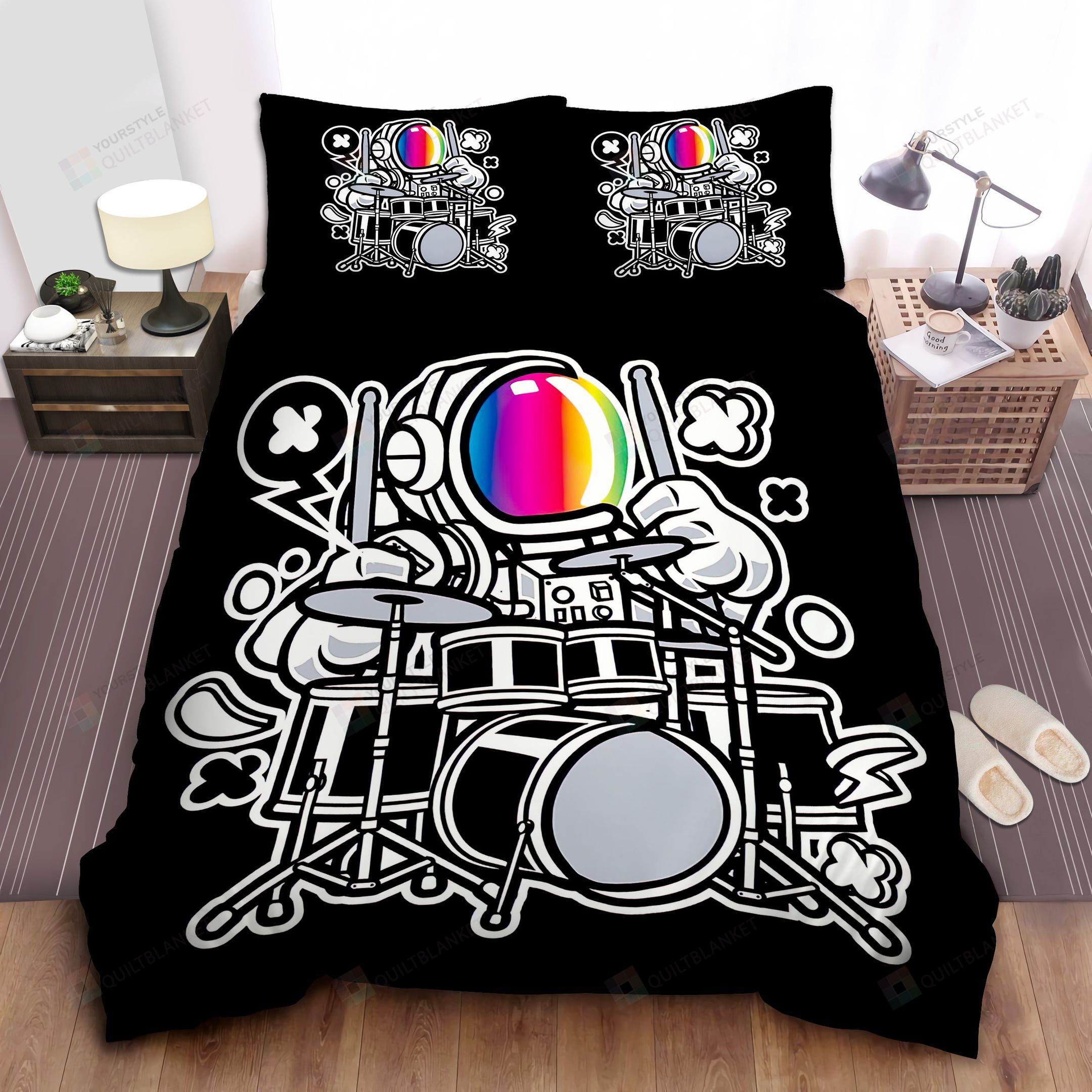 Personalized Bedding Set - Astronaut Playing Drums Illustration Spread Included 1 Soft Duvet Cover or Quilt and 2 Lightweight Breathe Pillowcases