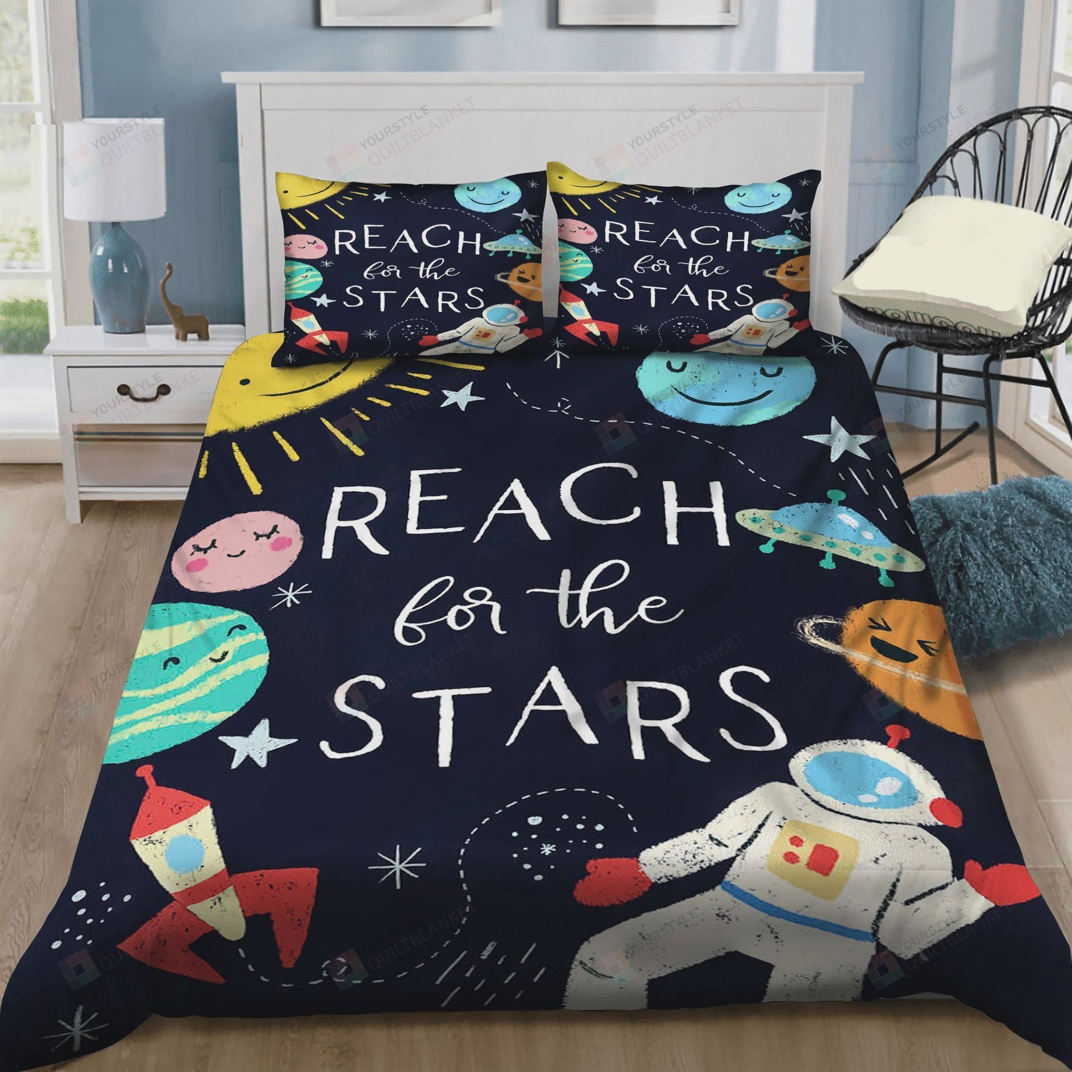Personalized Bedding Set - Astronaut Reach The Stars Cotton Spread Gifts Included 1 Soft Duvet Cover or Quilt and 2 Lightweight Breathe Pillowcases