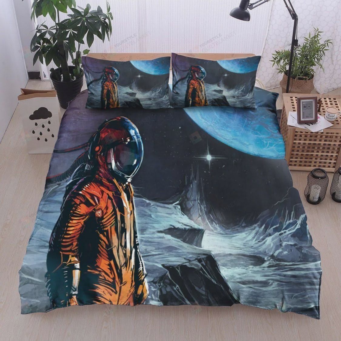 Personalized Bedding Set - Astronaut The Moon Cotton Spread Included 1 Soft Duvet Cover or Quilt and 2 Lightweight Breathe Pillowcases