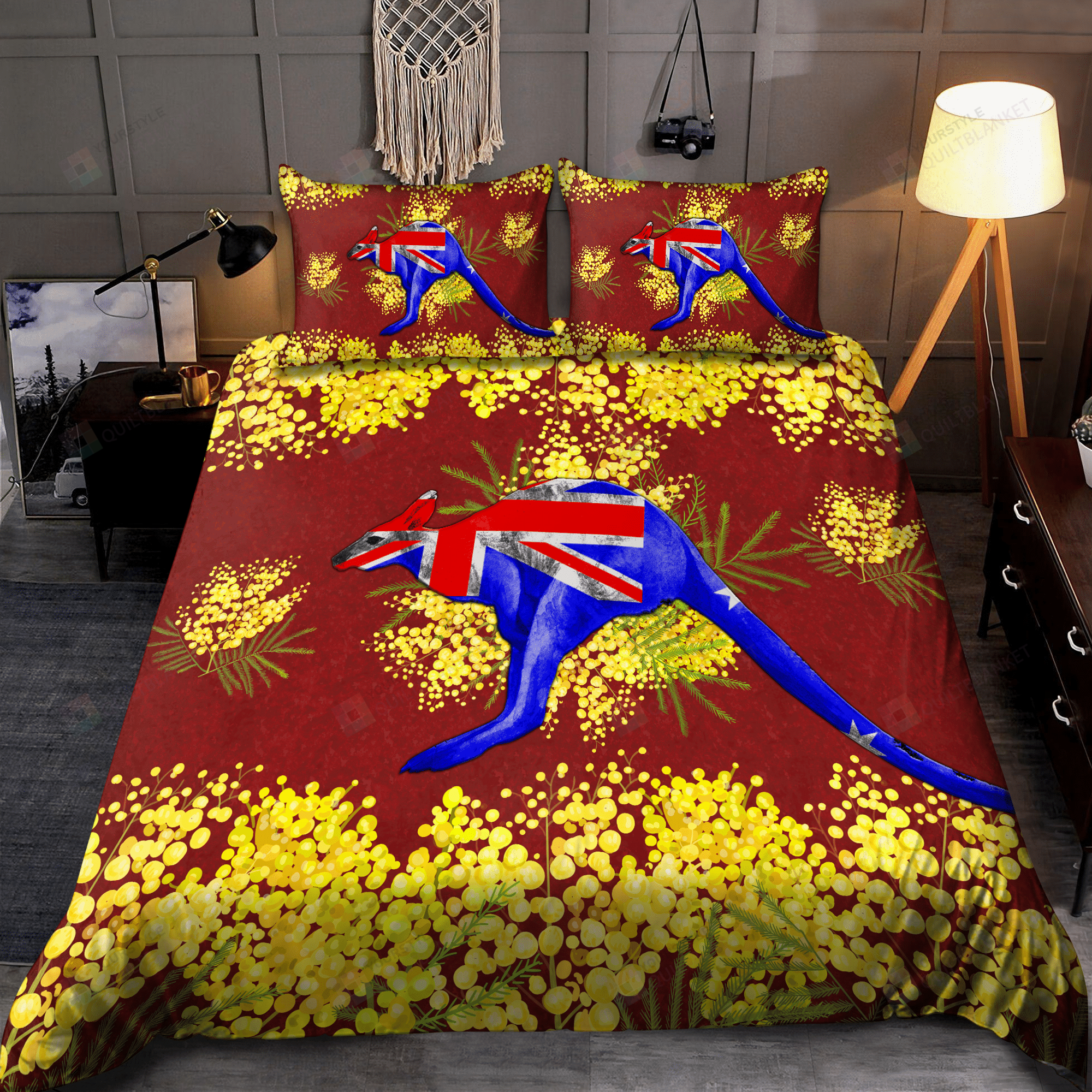 Personalized Bedding Set - Australia Kangaroo Golden Wattle Spread Included 1 Soft Duvet Cover or Quilt and 2 Lightweight Breathe Pillowcases