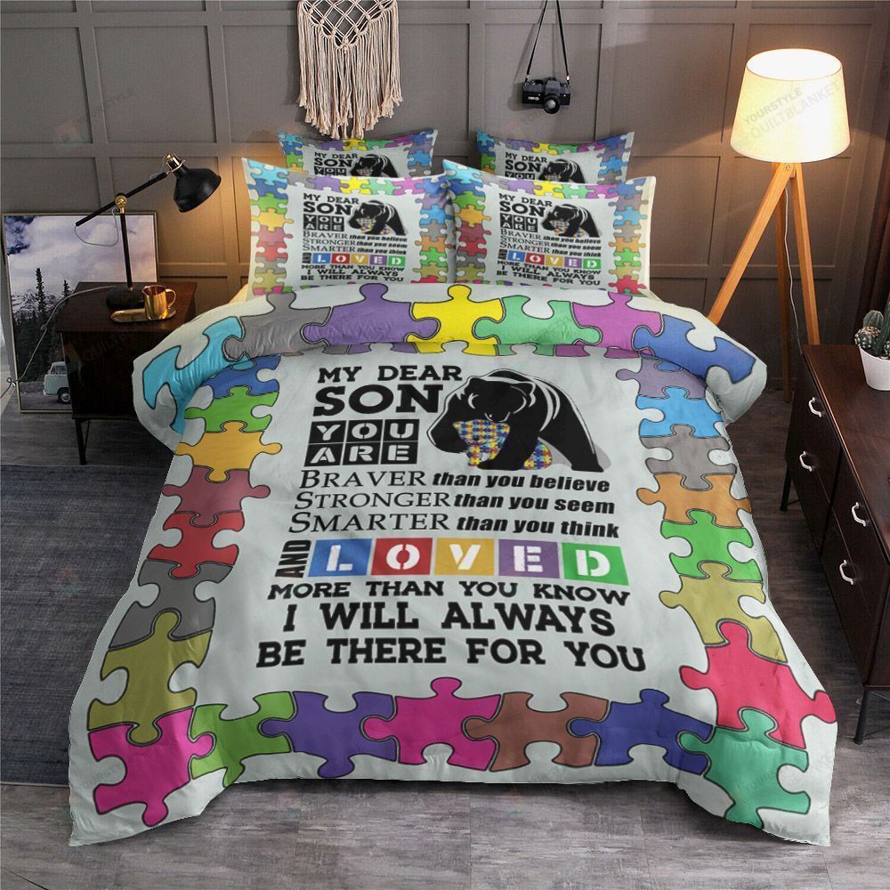 Personalized Bedding Set - Autism Bear My Dear Son I Will Always Be There You Cotton Spread Included 1 Soft Duvet Cover or Quilt and 2 Lightweight Breathe Pillowcases