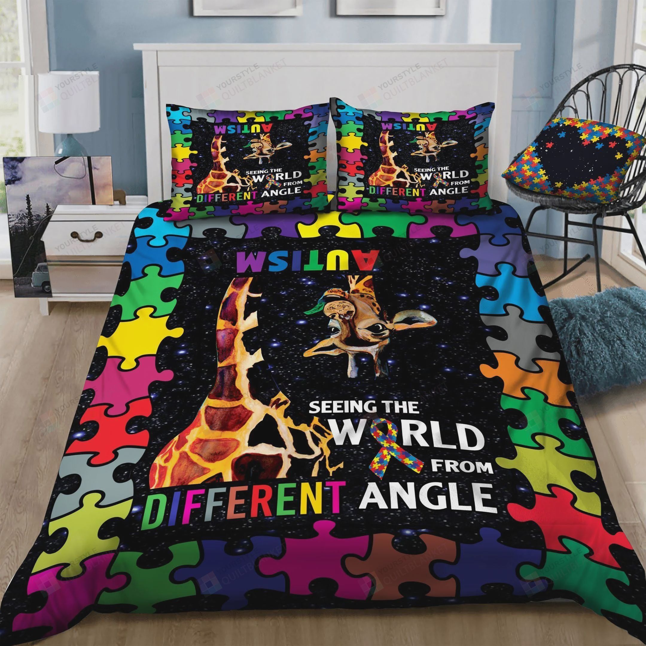 Personalized Bedding Set - Autism Giraffe Seeing The World From Different Angle Cotton Spread Included 1 Soft Duvet Cover or Quilt and 2 Lightweight Breathe Pillowcases
