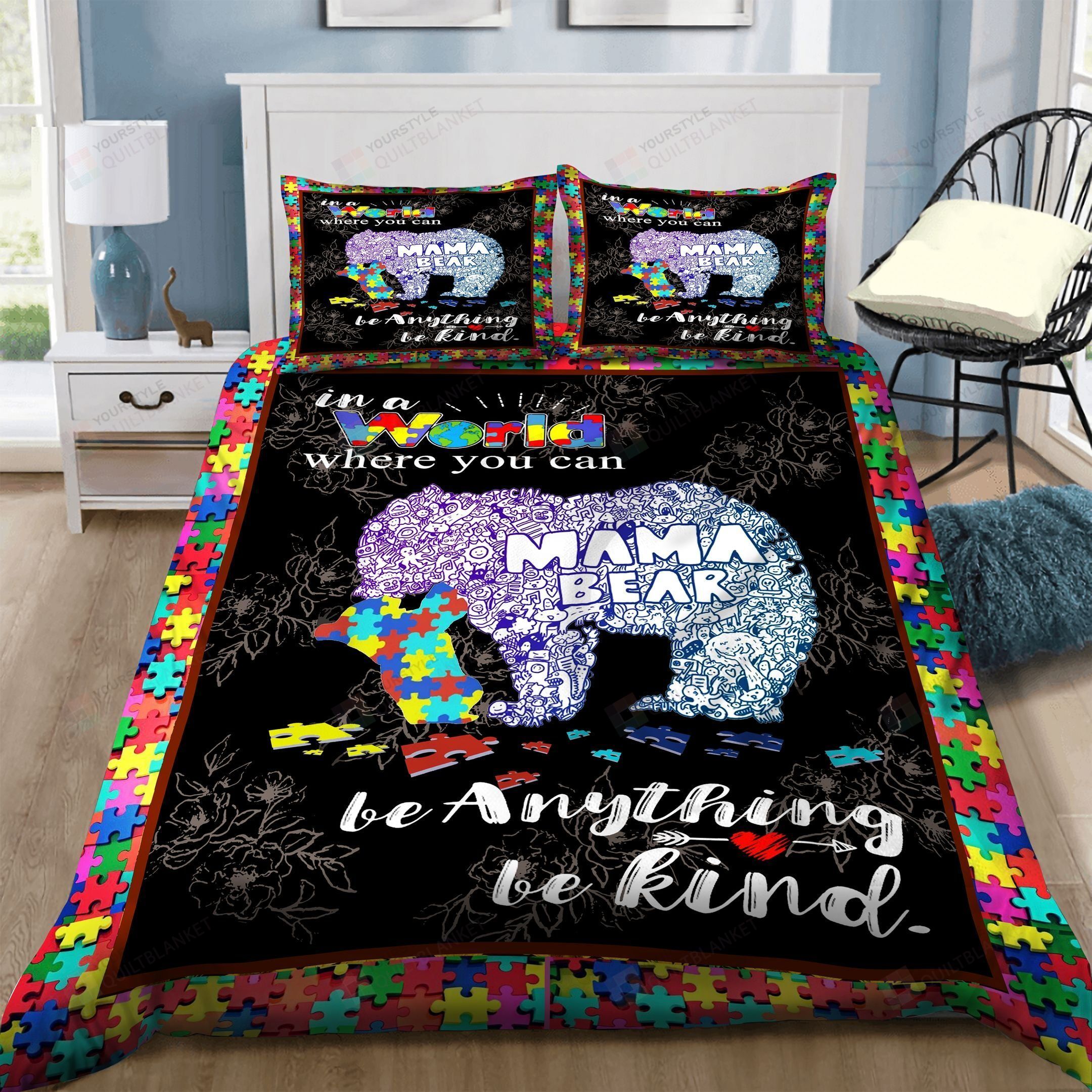 Personalized Bedding Set - Autism Mama Bear World Where You Can Cotton Spread Included 1 Soft Duvet Cover or Quilt and 2 Lightweight Breathe Pillowcases