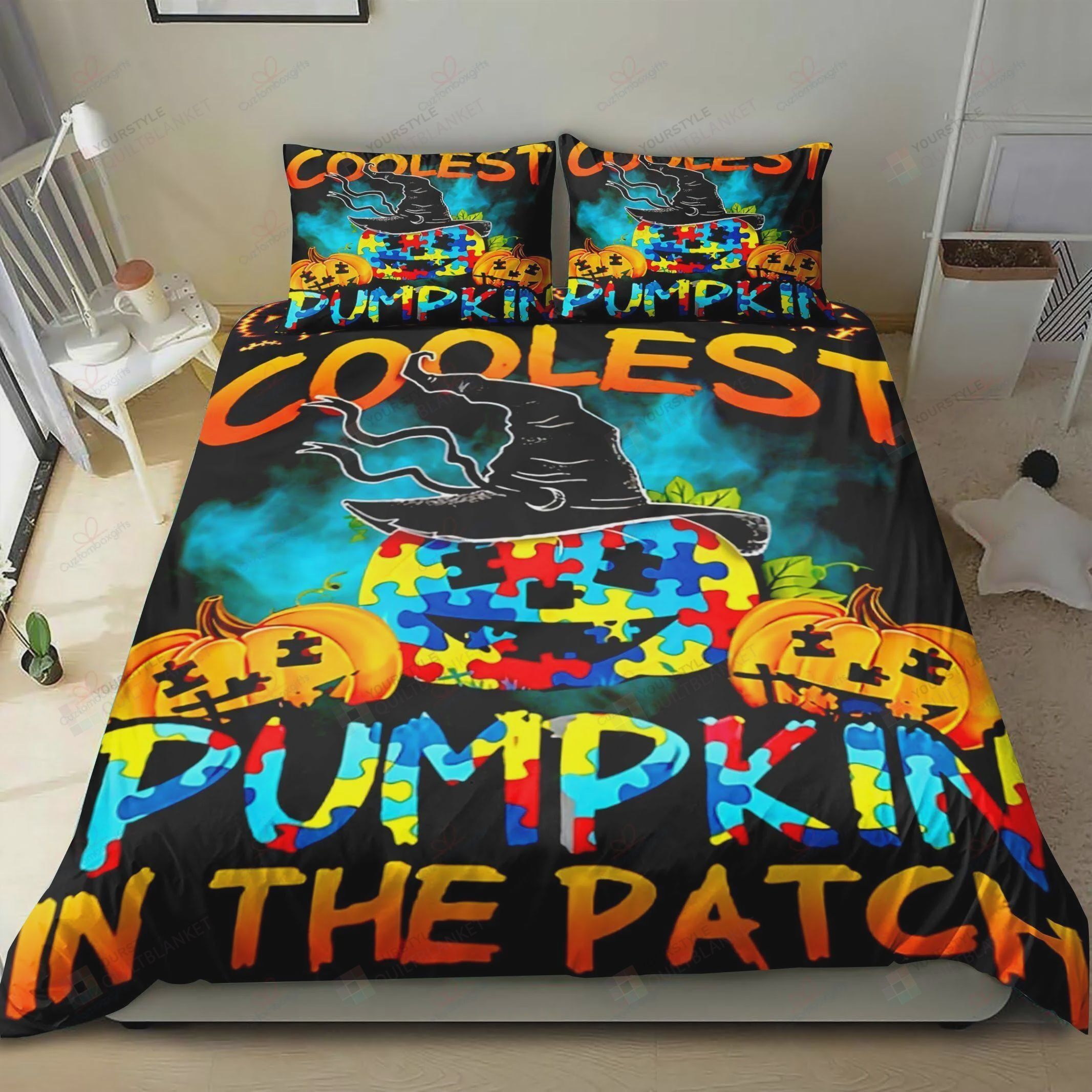Personalized Bedding Set - Autism Pumpkin Coolest Pumpkin The Patch Cotton Spread Included 1 Soft Duvet Cover or Quilt and 2 Lightweight Breathe Pillowcases