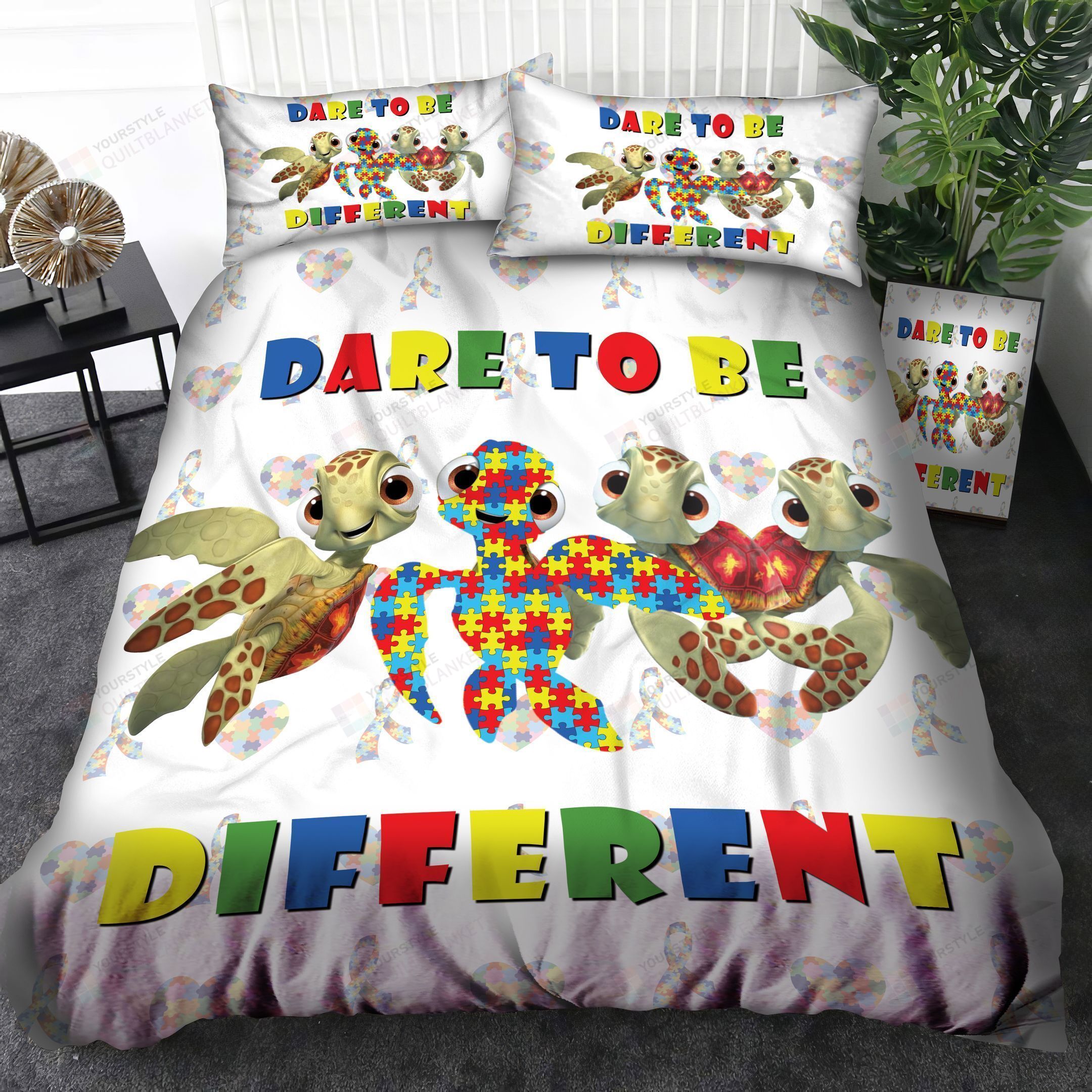 Personalized Bedding Set - Autism Turtle Dare To Be Different Cotton Spread Included 1 Soft Duvet Cover or Quilt and 2 Lightweight Breathe Pillowcases
