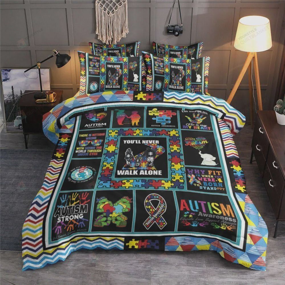 Personalized Bedding Set - Autism You'll Never Walk Alone Cotton Spread Included 1 Soft Duvet Cover or Quilt and 2 Lightweight Breathe Pillowcases