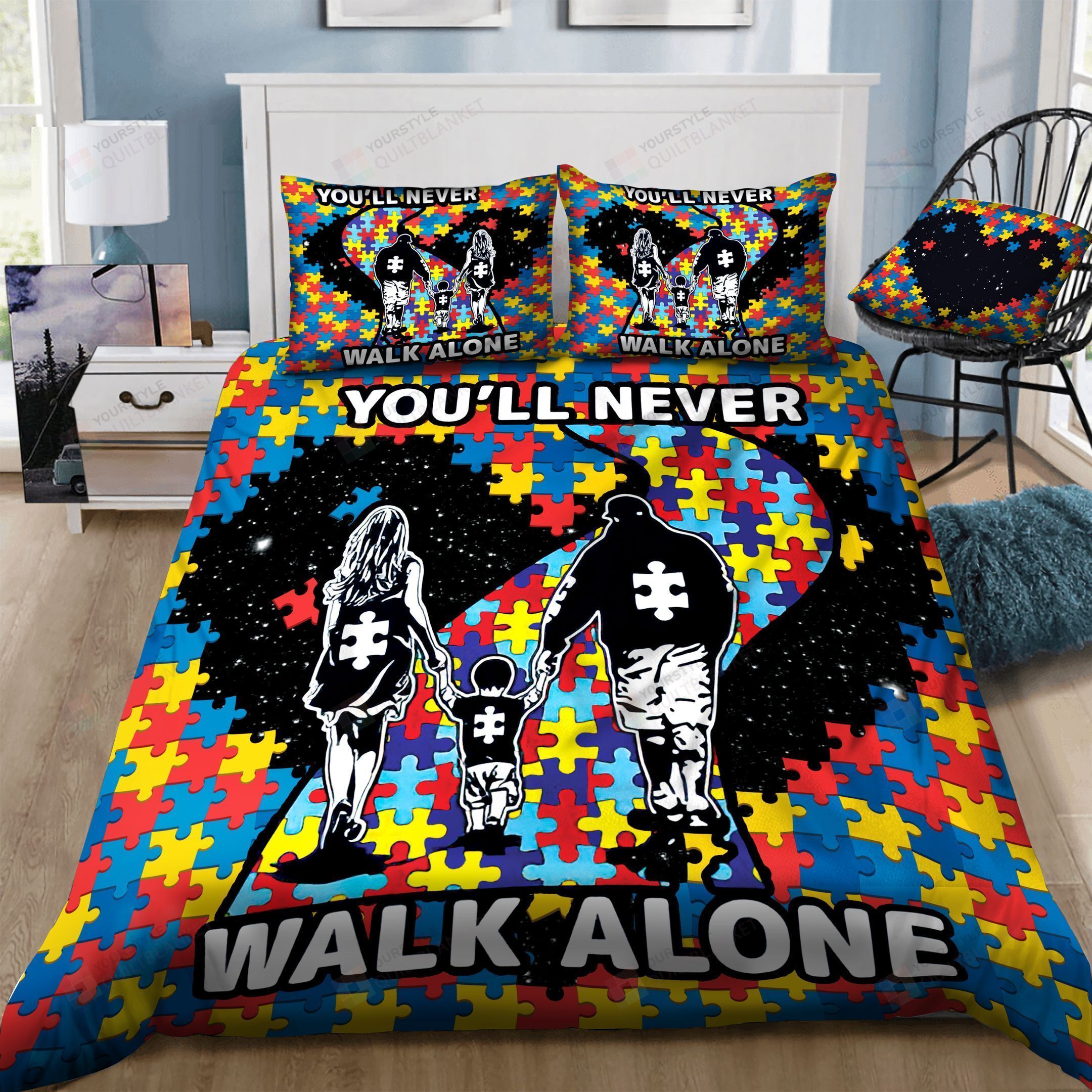 Personalized Bedding Set - Autism You'll Never Walk Alone Spread Included 1 Soft Duvet Cover or Quilt and 2 Lightweight Breathe Pillowcases