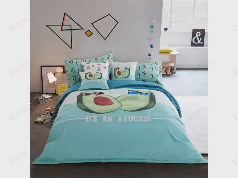 Personalized Bedding Set - Avocado Wearing Sunglasses Turquoise Cotton Spread Included 1 Soft Duvet Cover or Quilt and 2 Lightweight Breathe Pillowcases