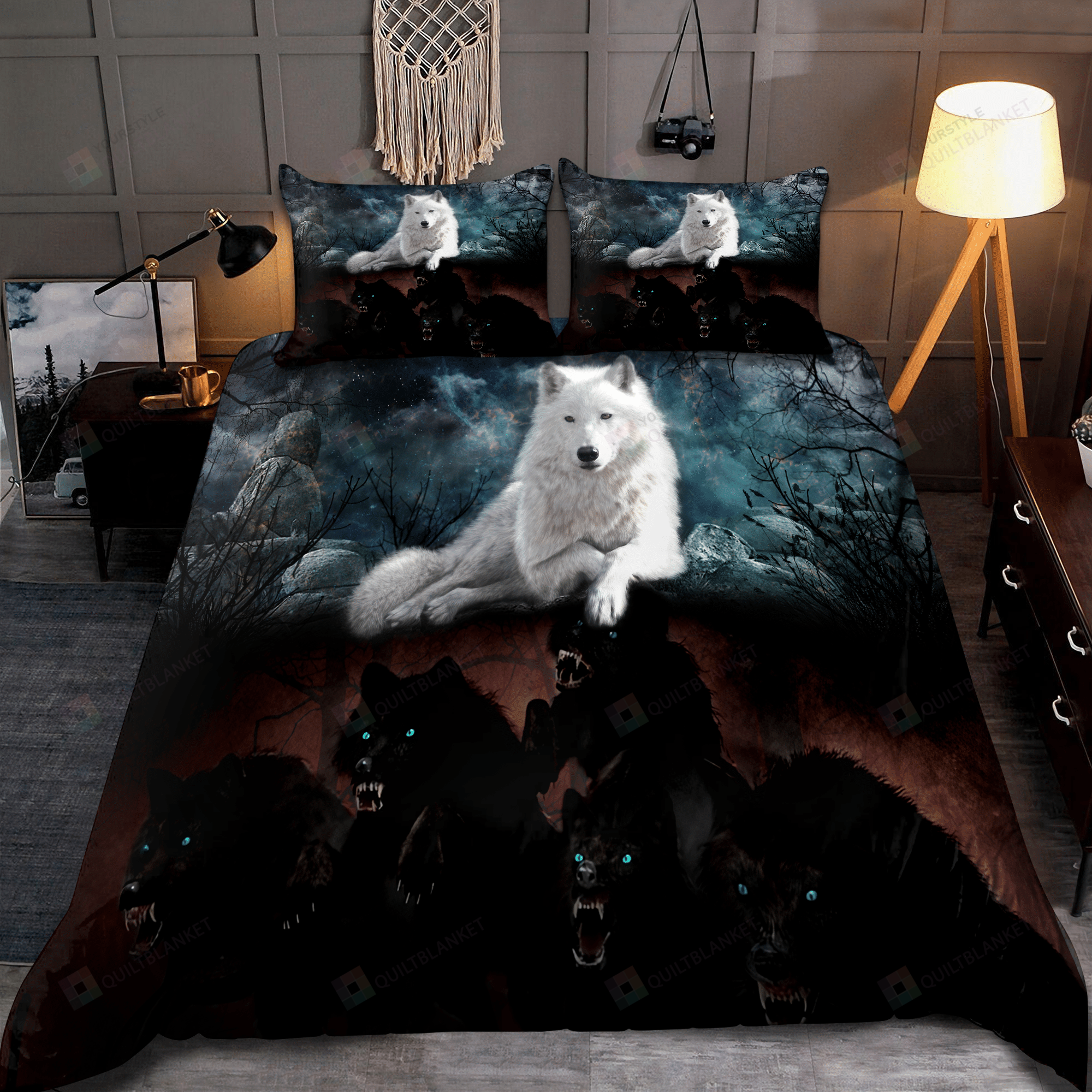 Personalized Bedding Set - Awesome Night Black White Wolves Spread Included 1 Soft Duvet Cover or Quilt and 2 Lightweight Breathe Pillowcases