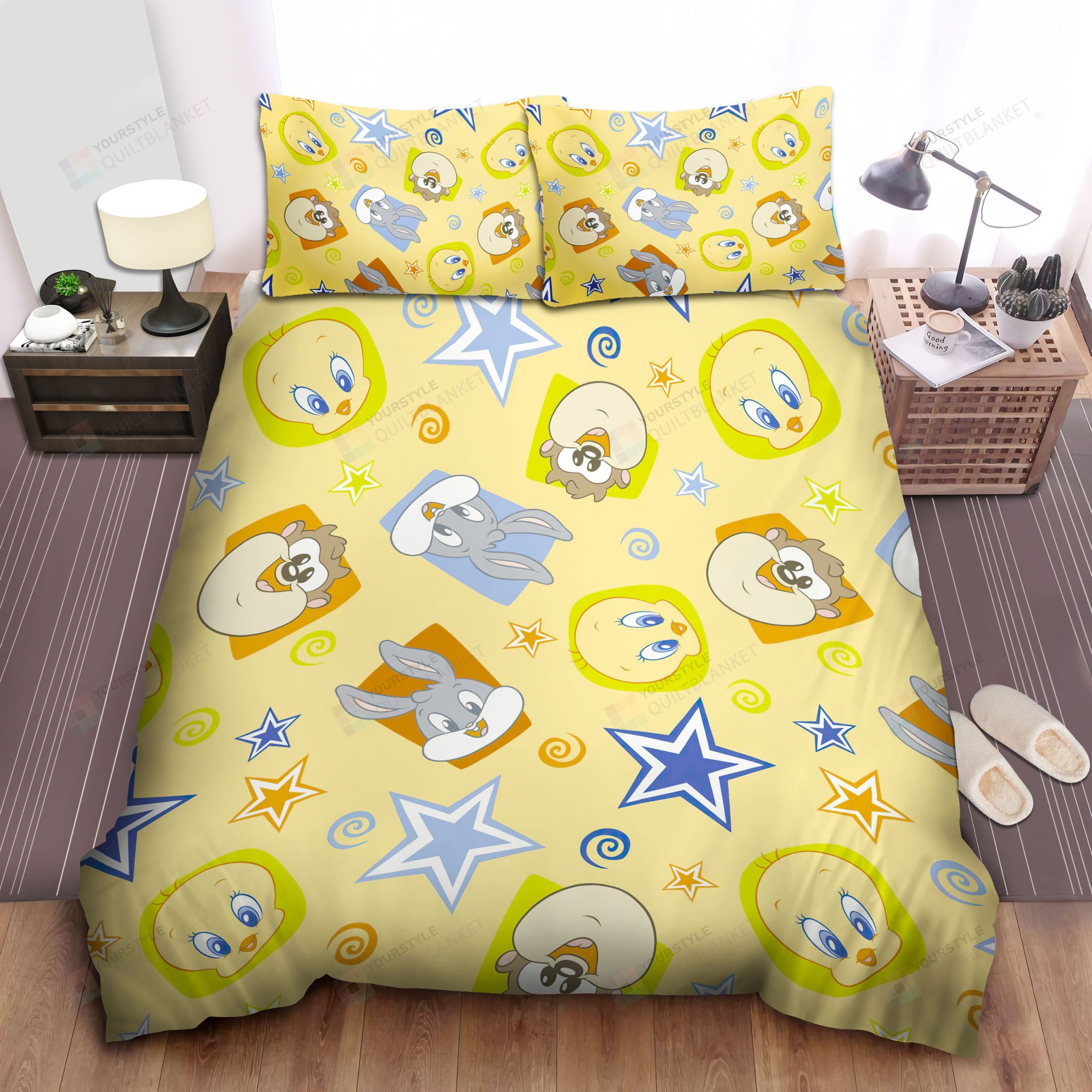 Personalized Bedding Set - Baby Looney Tunes Yellow Pattern Spread Included 1 Soft Duvet Cover or Quilt and 2 Lightweight Breathe Pillowcases