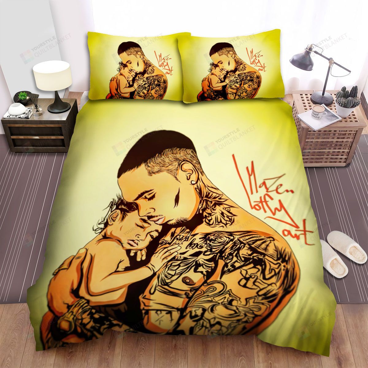 Personalized Bedding Set - Baby On Chris Brown's Arms Art Spread Included 1 Soft Duvet Cover or Quilt and 2 Lightweight Breathe Pillowcases
