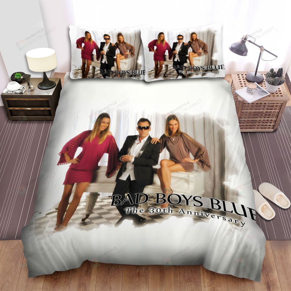 Personalized Bedding Set - Bad Blue Music Man Standing Two Woman Spread Included 1 Soft Duvet Cover or Quilt and 2 Lightweight Breathe Pillowcases