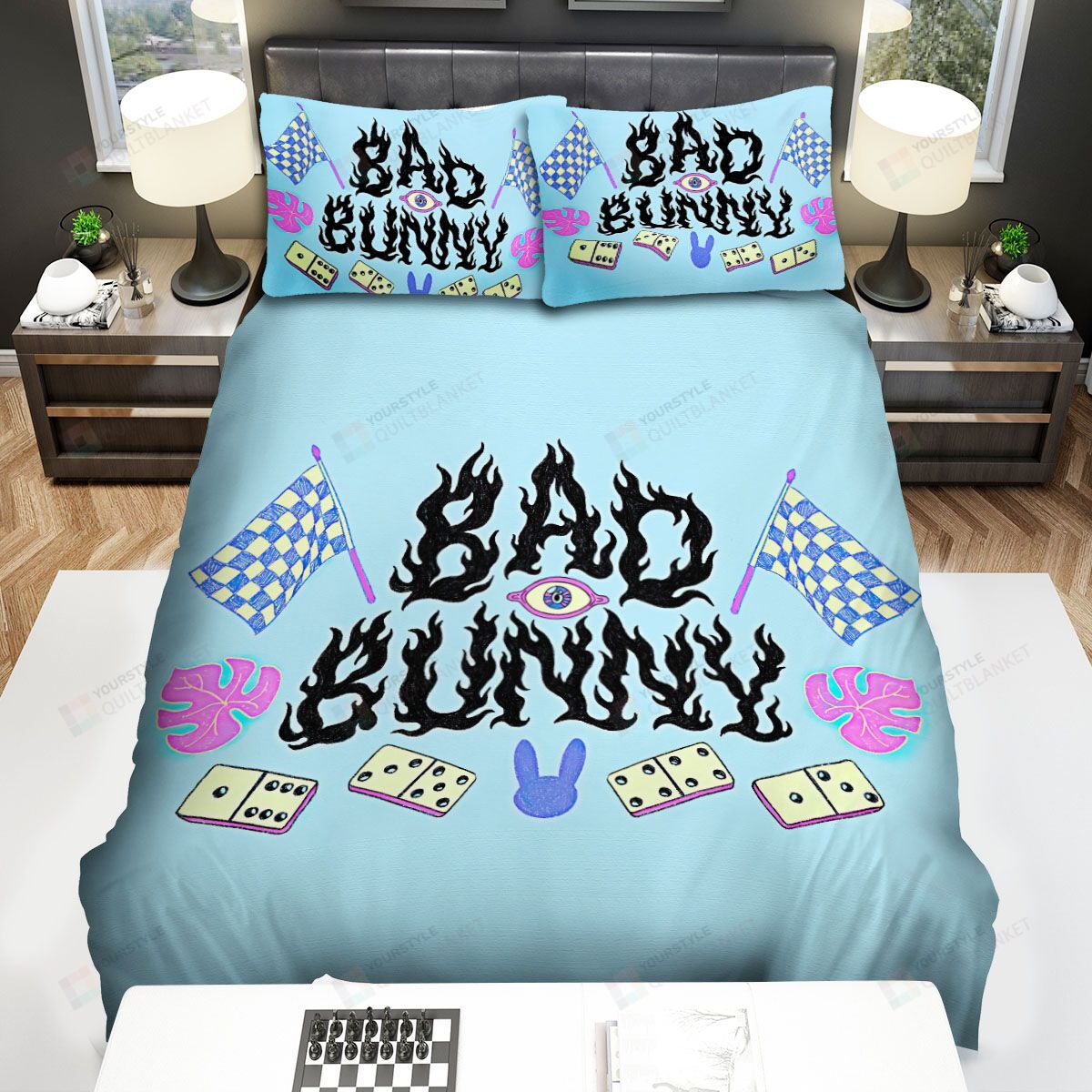 Personalized Bedding Set - Bad Bunny Dark Flames Dominos Spread Included 1 Soft Duvet Cover or Quilt and 2 Lightweight Breathe Pillowcases