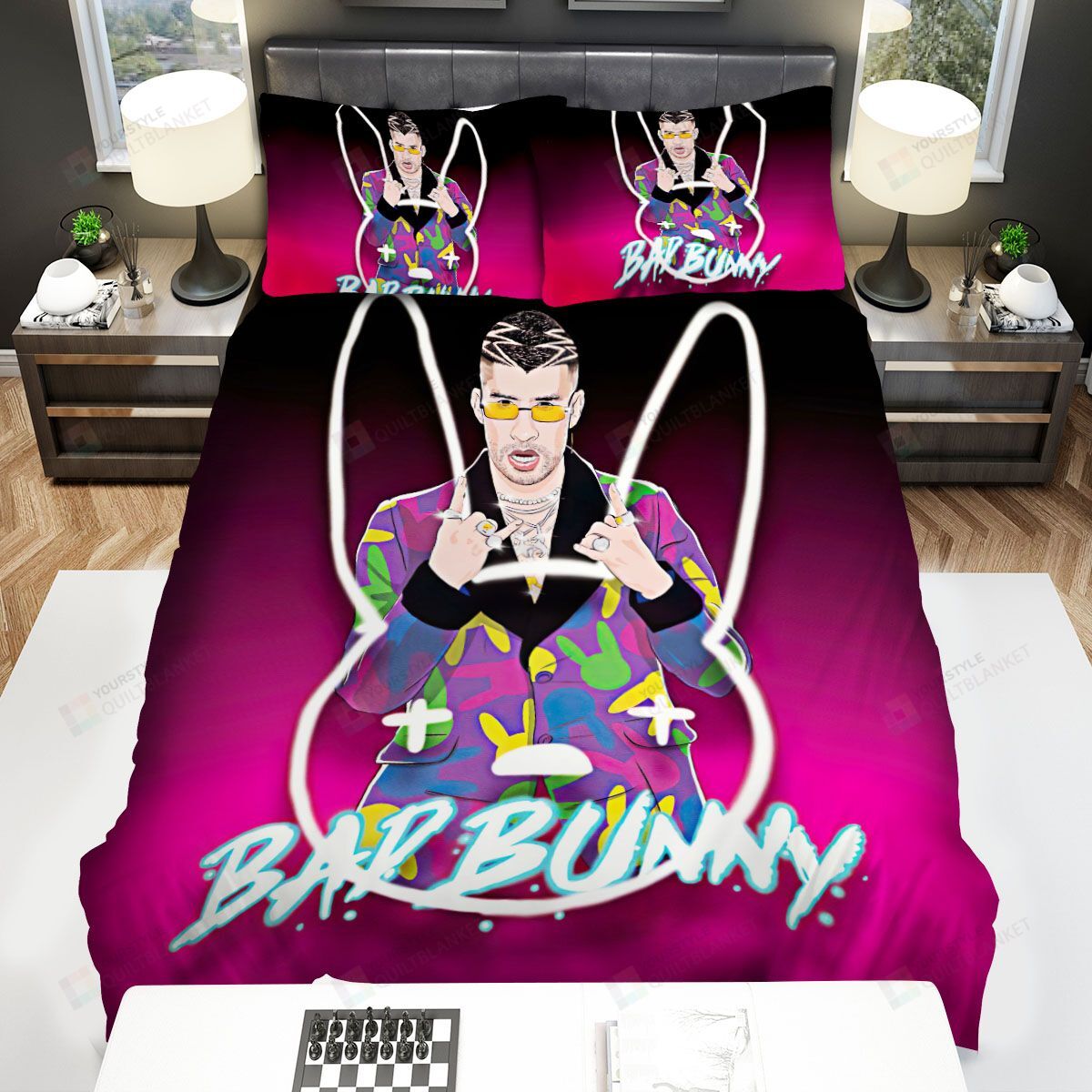 Personalized Bedding Set - Bad Bunny Neon Bunny Art Spread Included 1 Soft Duvet Cover or Quilt and 2 Lightweight Breathe Pillowcases
