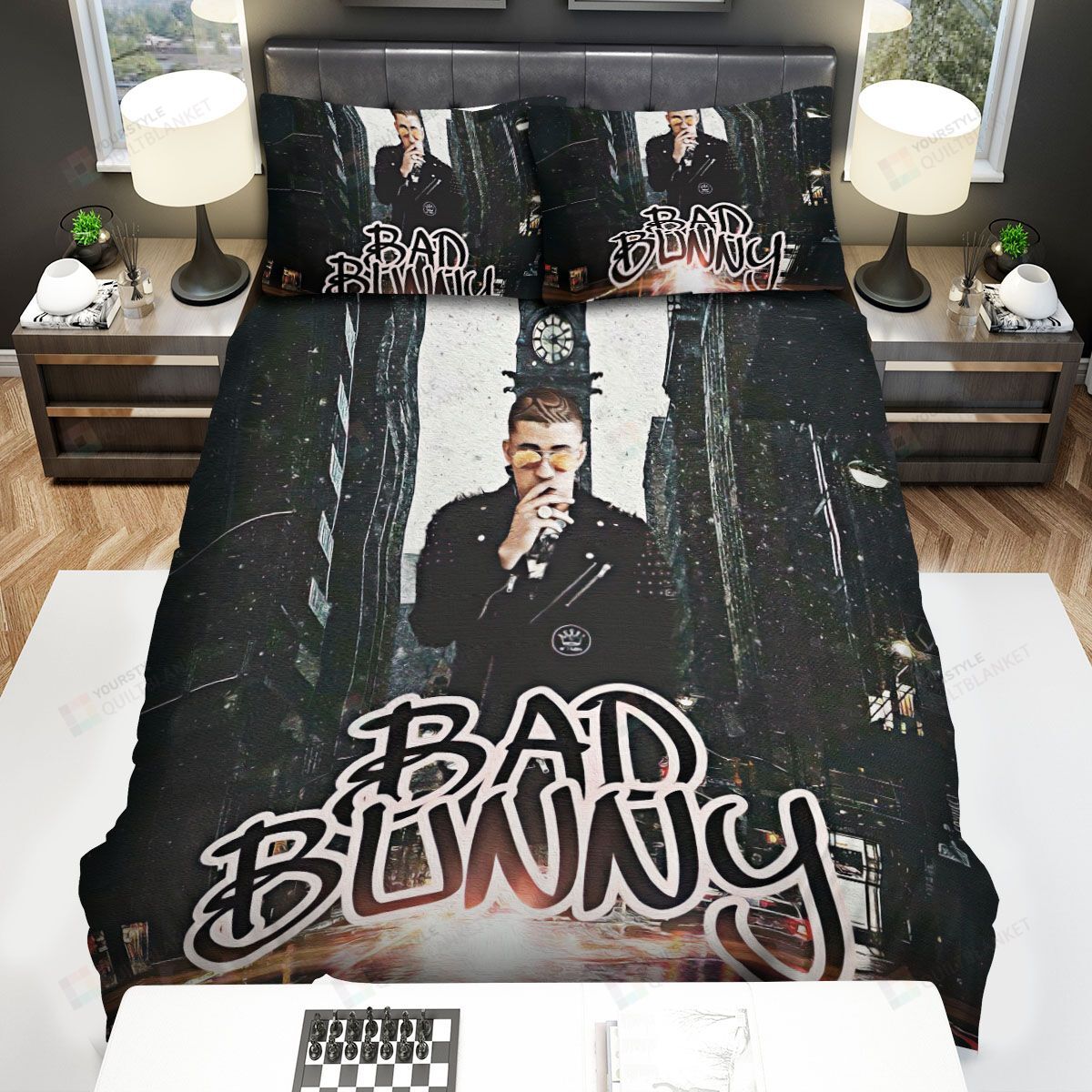 Personalized Bedding Set - Bad Bunny On Rainy Day Graffiti Art Spread Included 1 Soft Duvet Cover or Quilt and 2 Lightweight Breathe Pillowcases