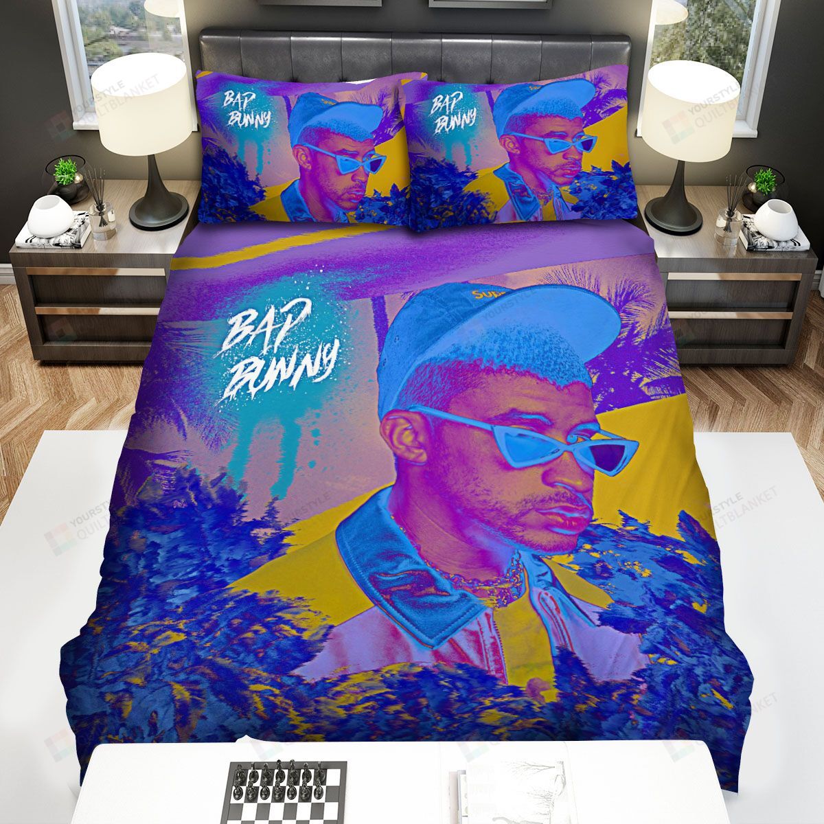 Personalized Bedding Set - Bad Bunny Portrait Funky Colours Spread Included 1 Soft Duvet Cover or Quilt and 2 Lightweight Breathe Pillowcases