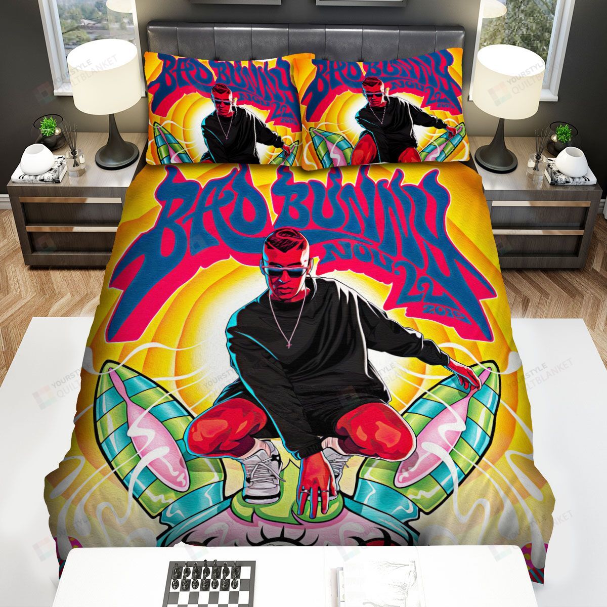 Personalized Bedding Set - Bad Bunny Rainbow Bunny Spread Included 1 Soft Duvet Cover or Quilt and 2 Lightweight Breathe Pillowcases