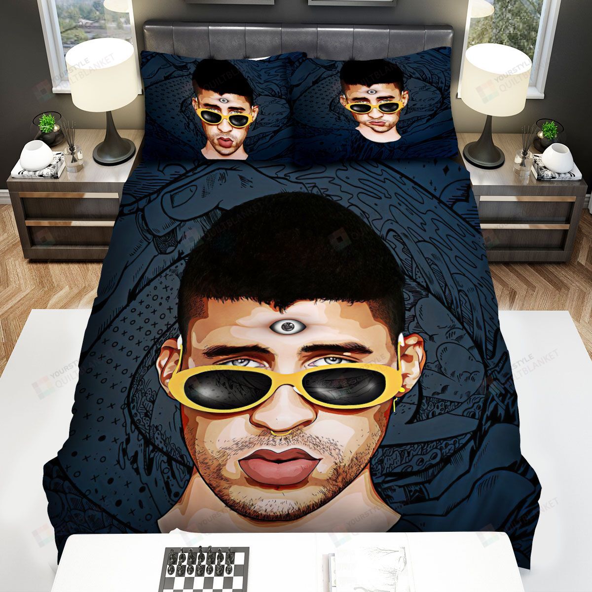 Personalized Bedding Set - Bad Bunny The Third Eye Art Spread Included 1 Soft Duvet Cover or Quilt and 2 Lightweight Breathe Pillowcases